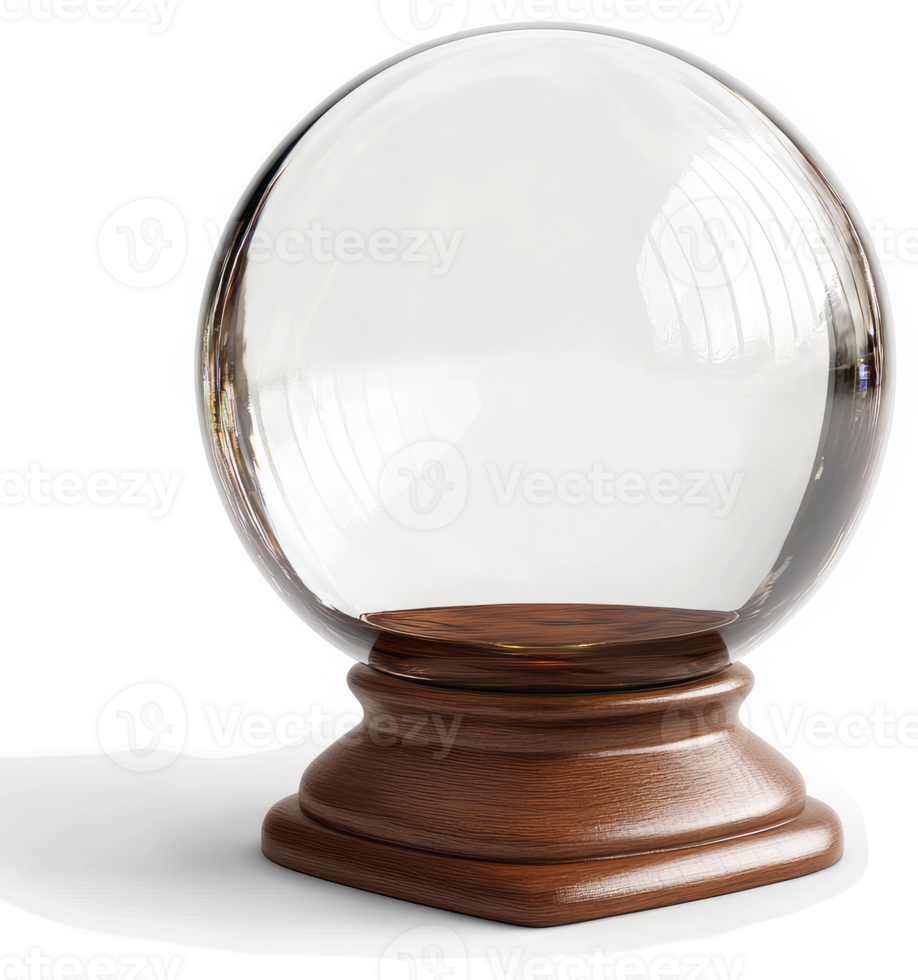 Transparent crystal ball rests on a wooden pedestal. png