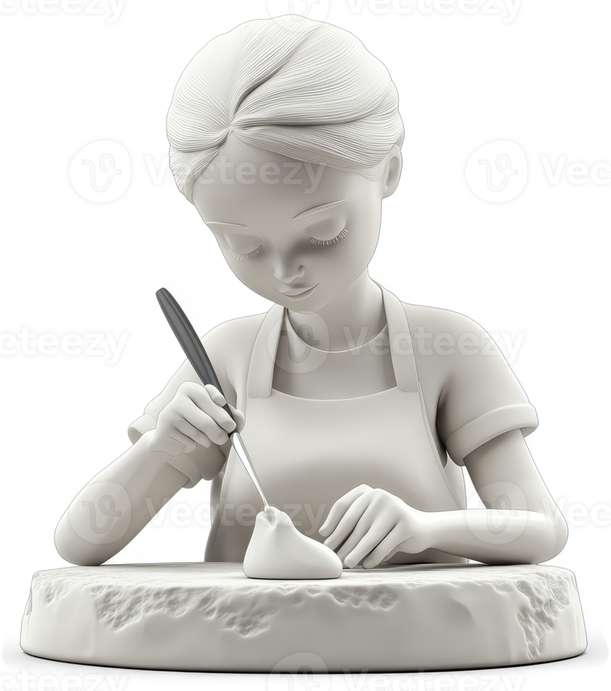 A young sculptor meticulously carves a form from clay. png