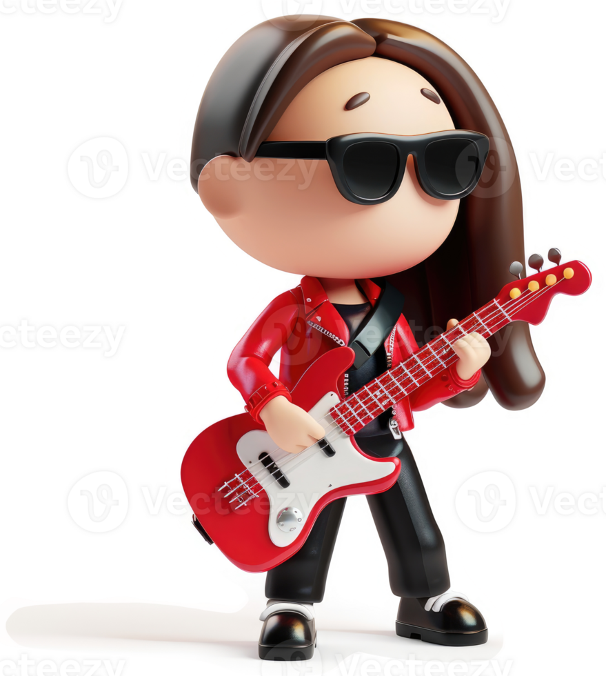 Cartoon girl in red leather jacket plays an electric guitar. png
