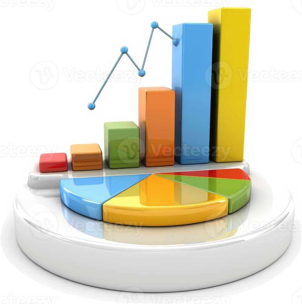 Colorful bar graph and pie chart illustrating growth and data analysis. png