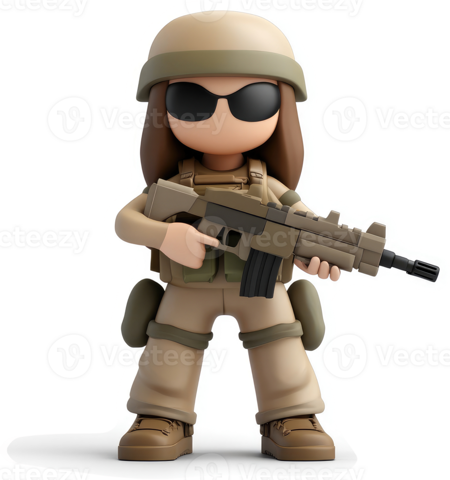 Cartoon soldier woman in tactical gear, holding an assault rifle. png