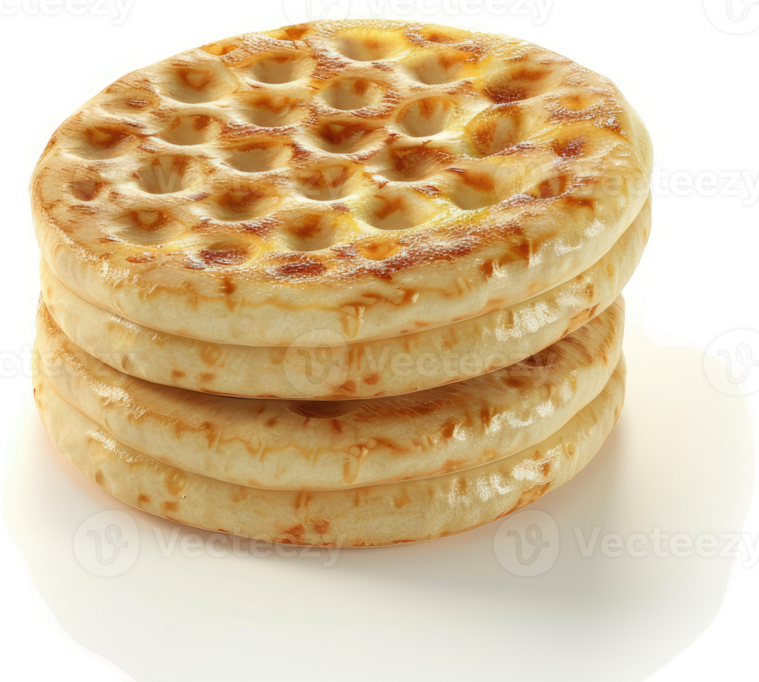 Three round, golden-brown, crispy, baked flatbreads stack. png