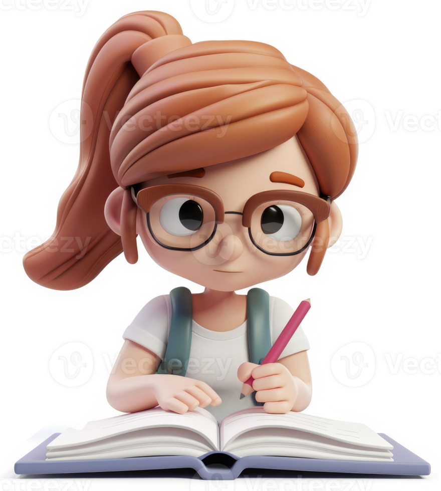 Cartoon girl student engrossed in a book. png