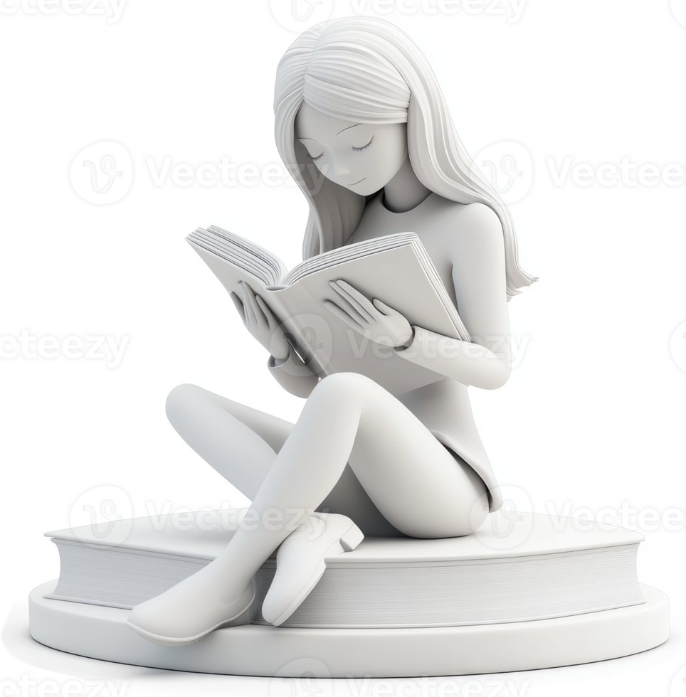 Monochrome figurine of a girl reading a book. png