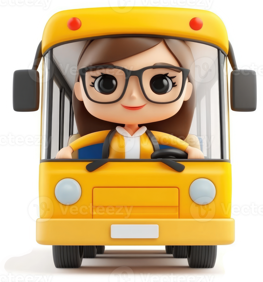 Smiling female character driving a bright yellow school bus. png
