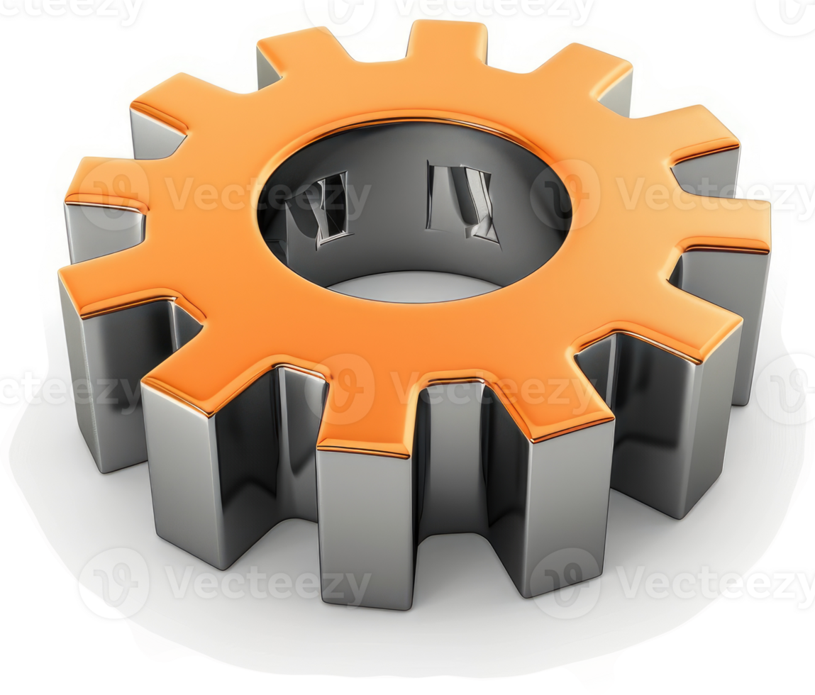 Illustrative metallic gear component with vibrant orange accents. png
