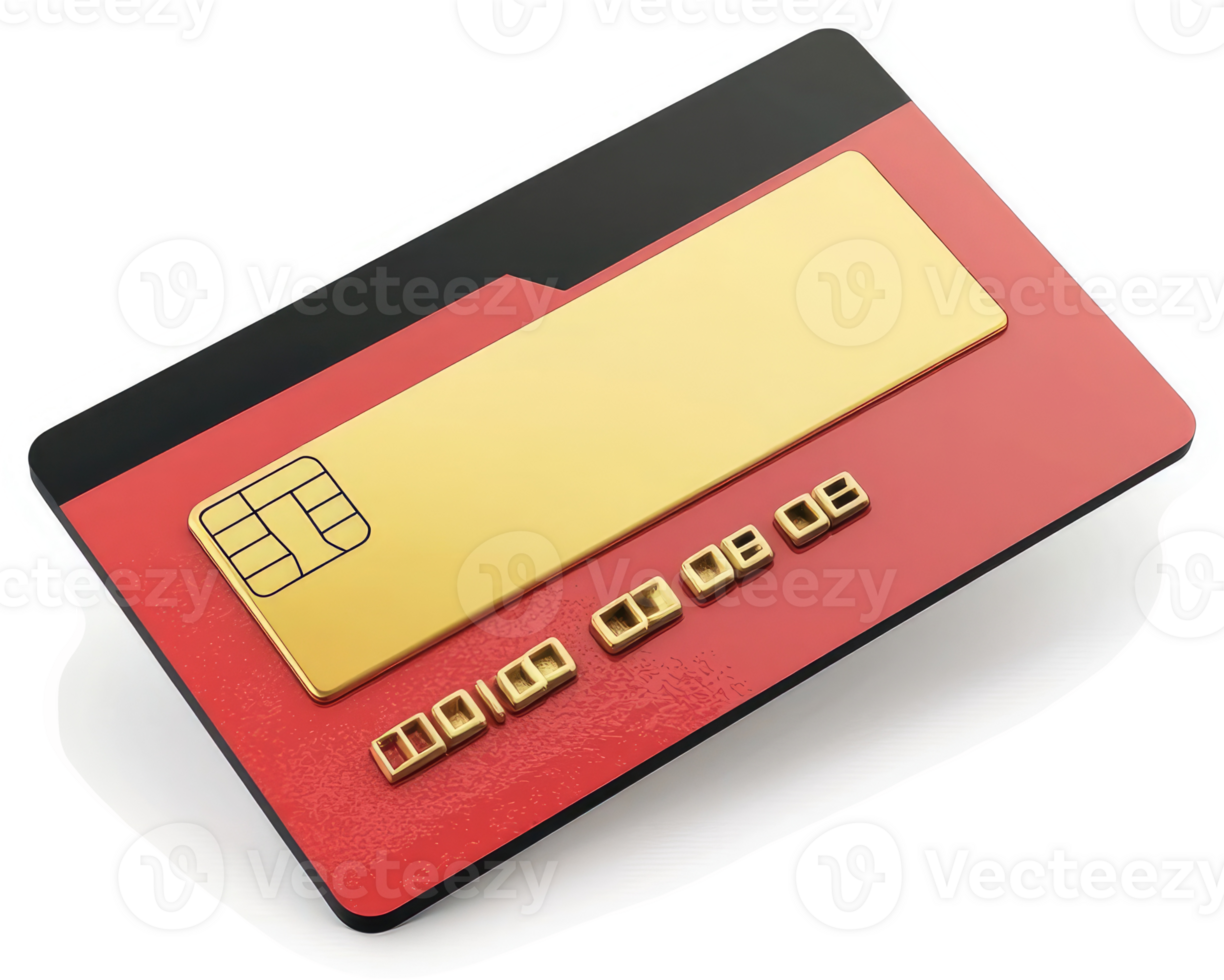 Red credit card with gold stripe, angled view. png