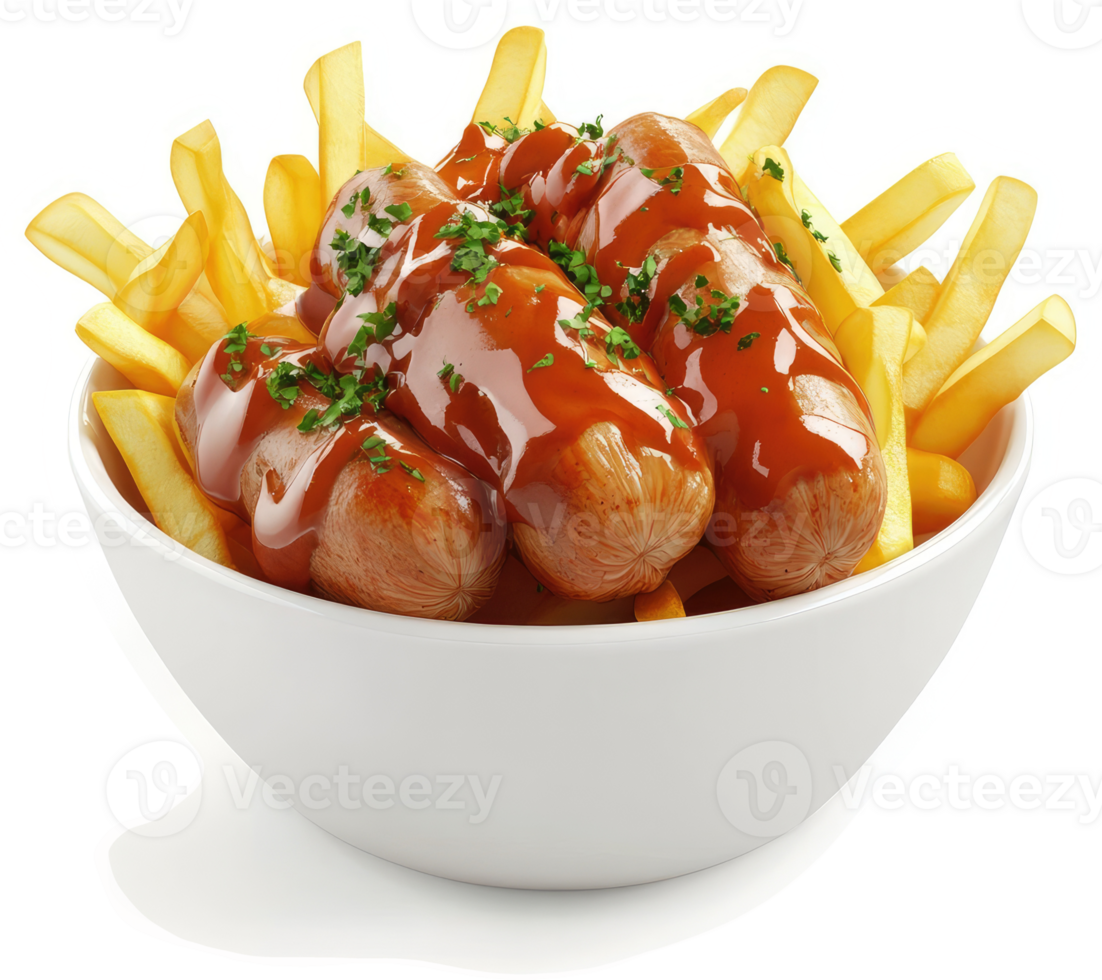 Savory fried sausages and french fries in a white bowl. png
