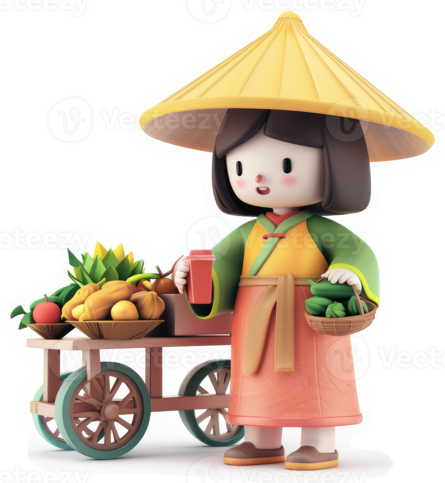 Smiling asian girl sells tropical fruits on a cart. png