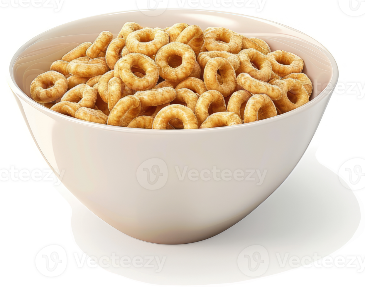 A light beige bowl overflowing with crispy, ring-shaped breakfast cereal. png