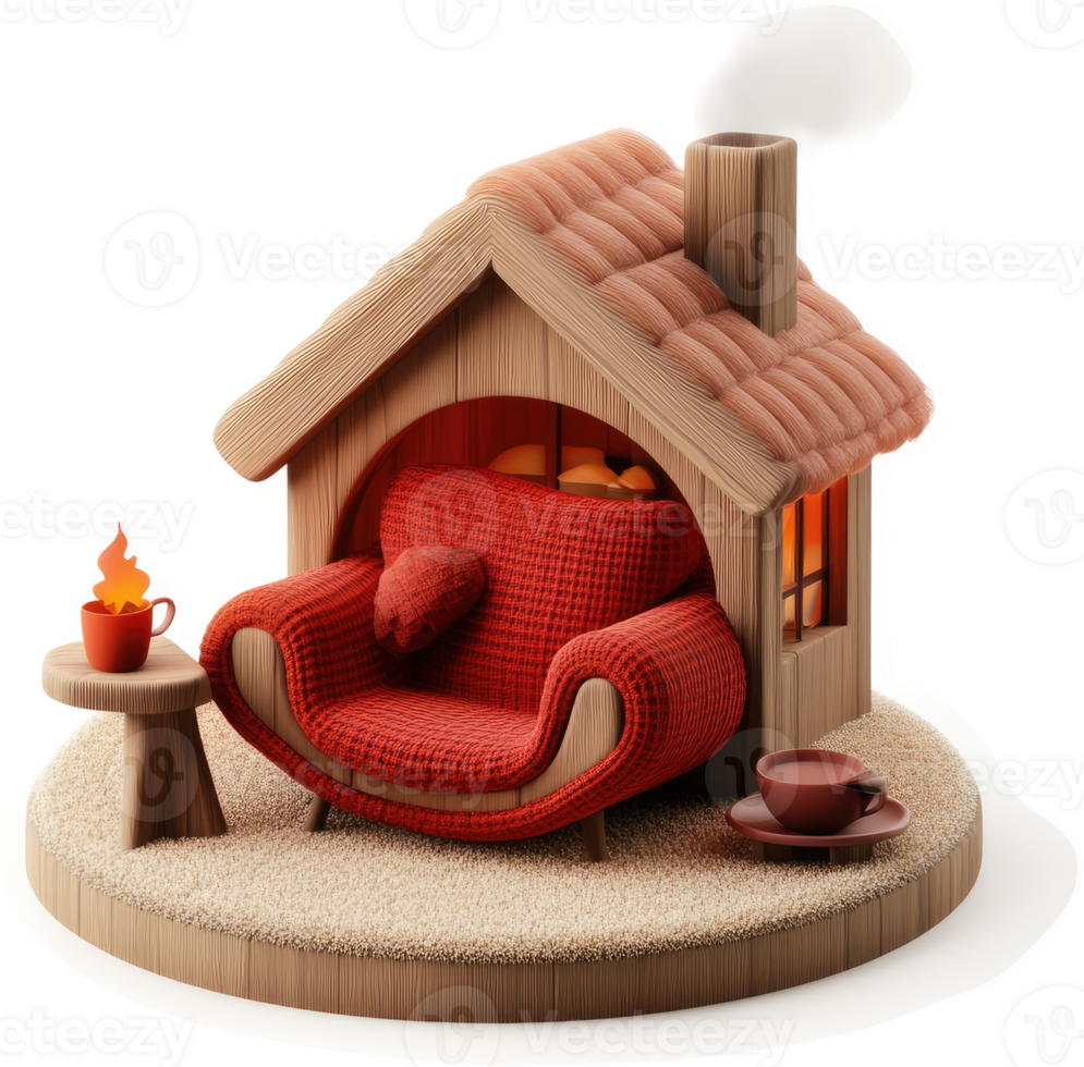 Cozy wooden cabin with a red armchair and warm drinks. png