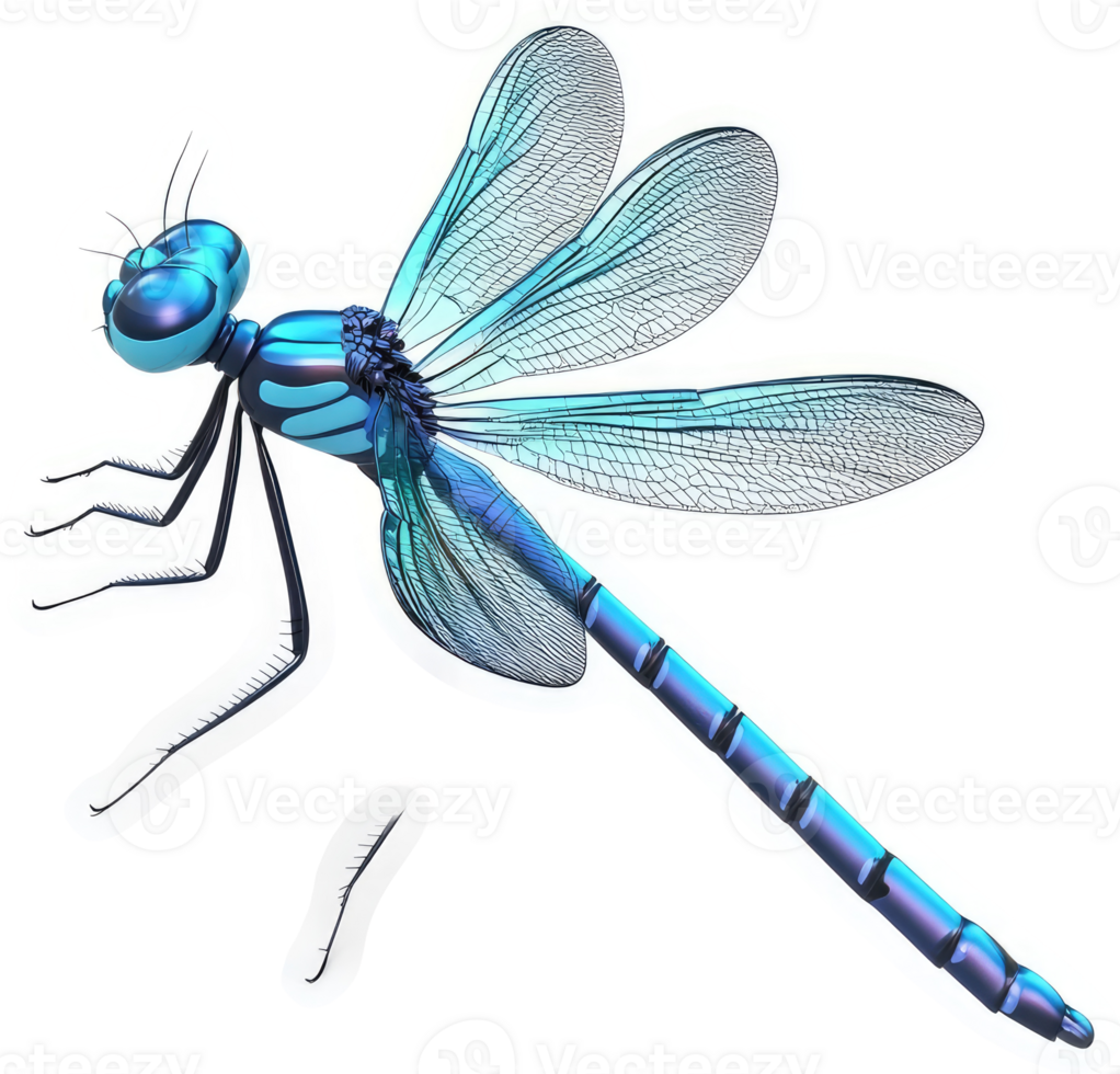 A vibrant blue dragonfly takes flight. png