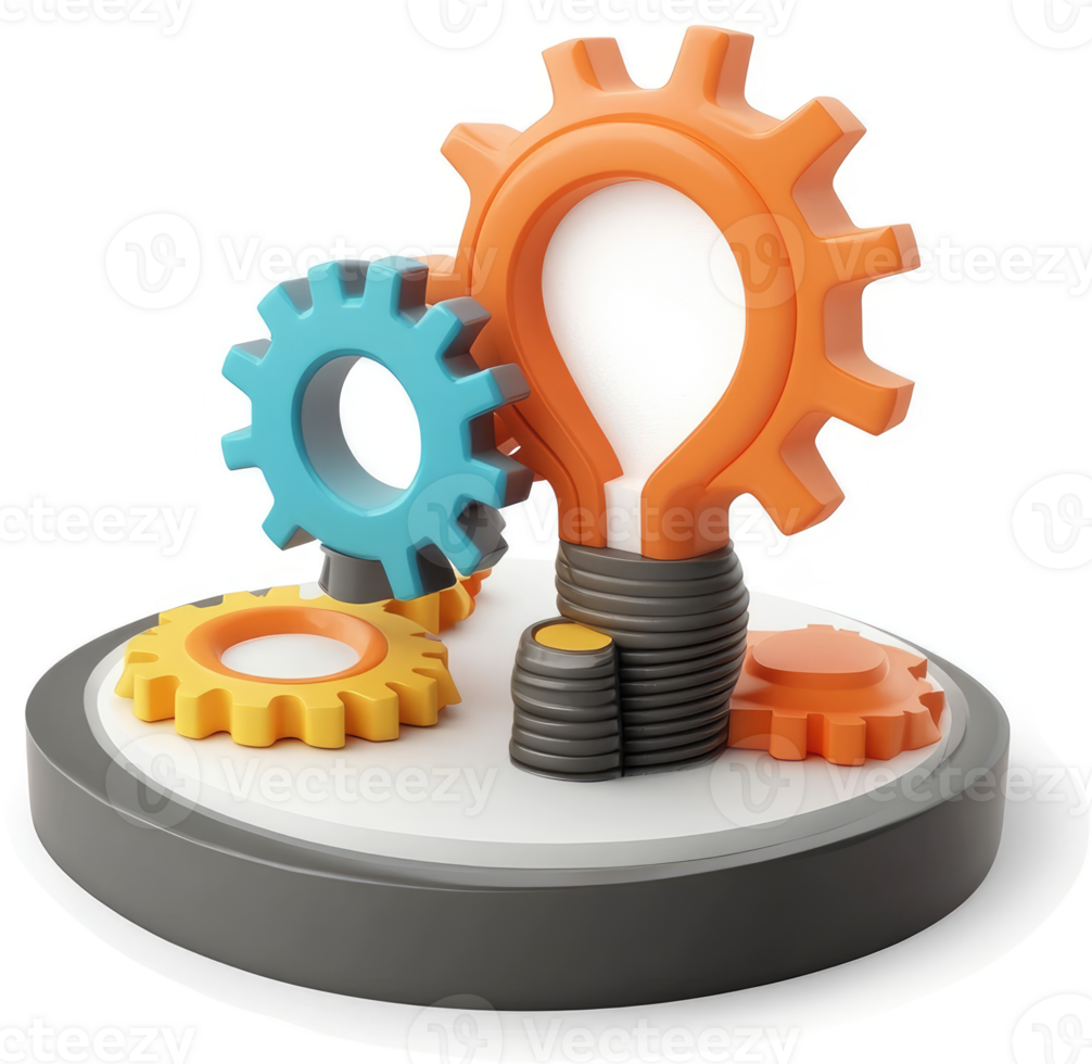 Interconnected gears and a lightbulb symbolizing innovative solutions. png