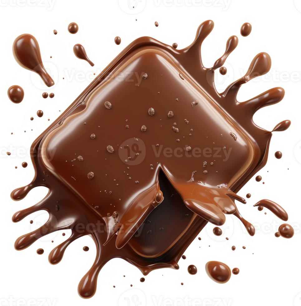 Melted chocolate square exploding in a delicious splash. png