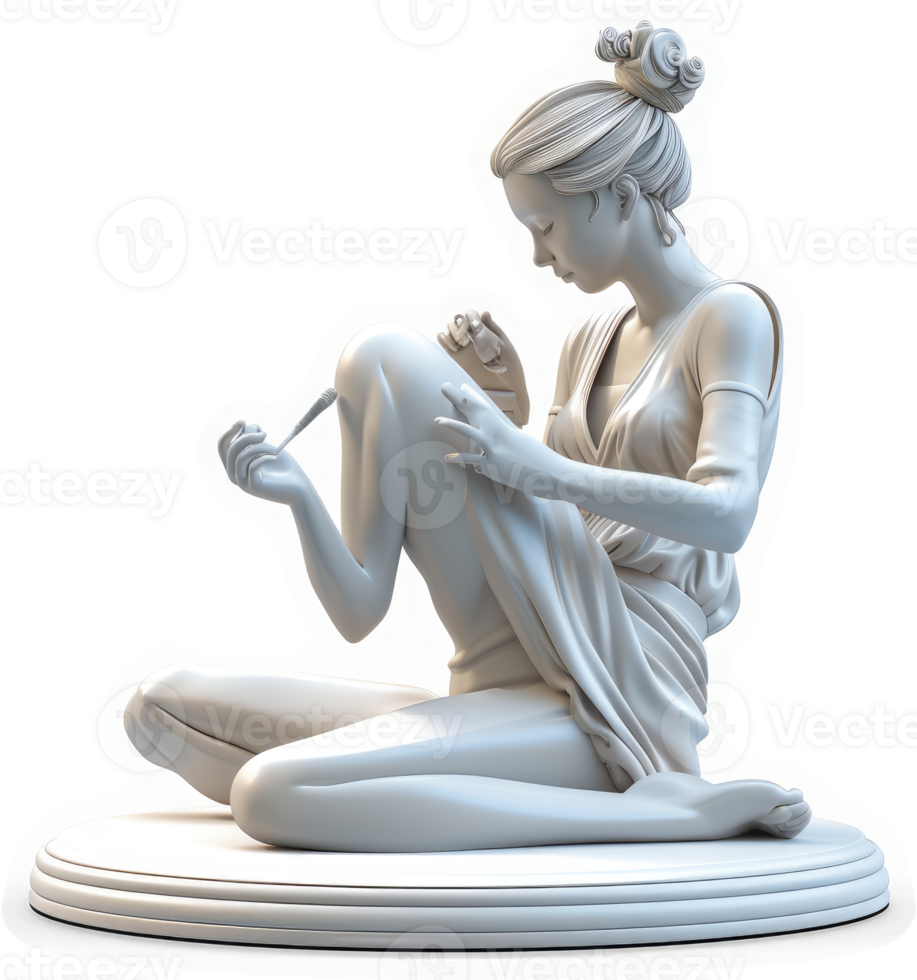 Graceful sculpture of a seated woman delicately adjusting drapery. png