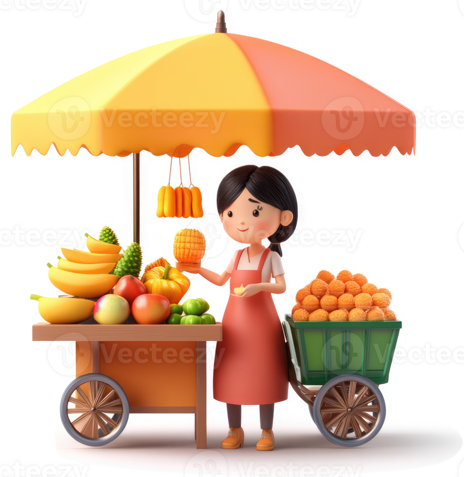 Cartoon depiction of a friendly street vendor selling fruits. png