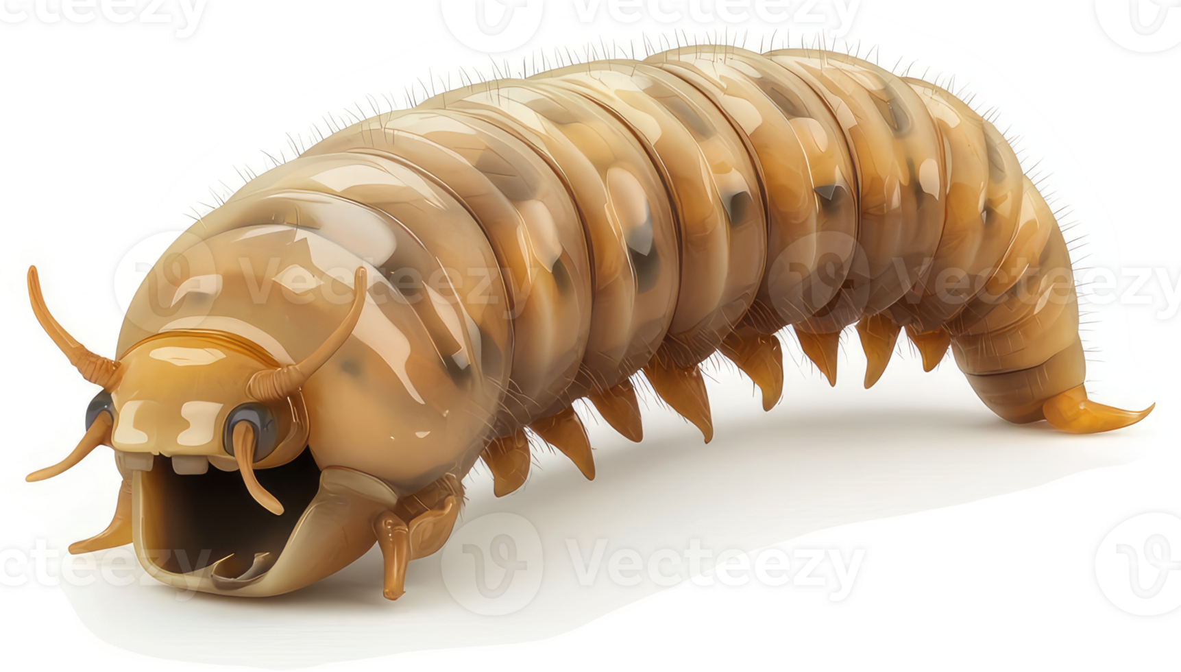 Close-up view of a segmented, light brown larva. png