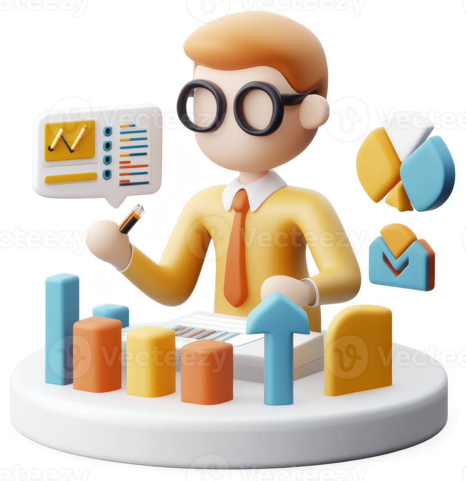 Data analysis by a cartoon character with various charts. png