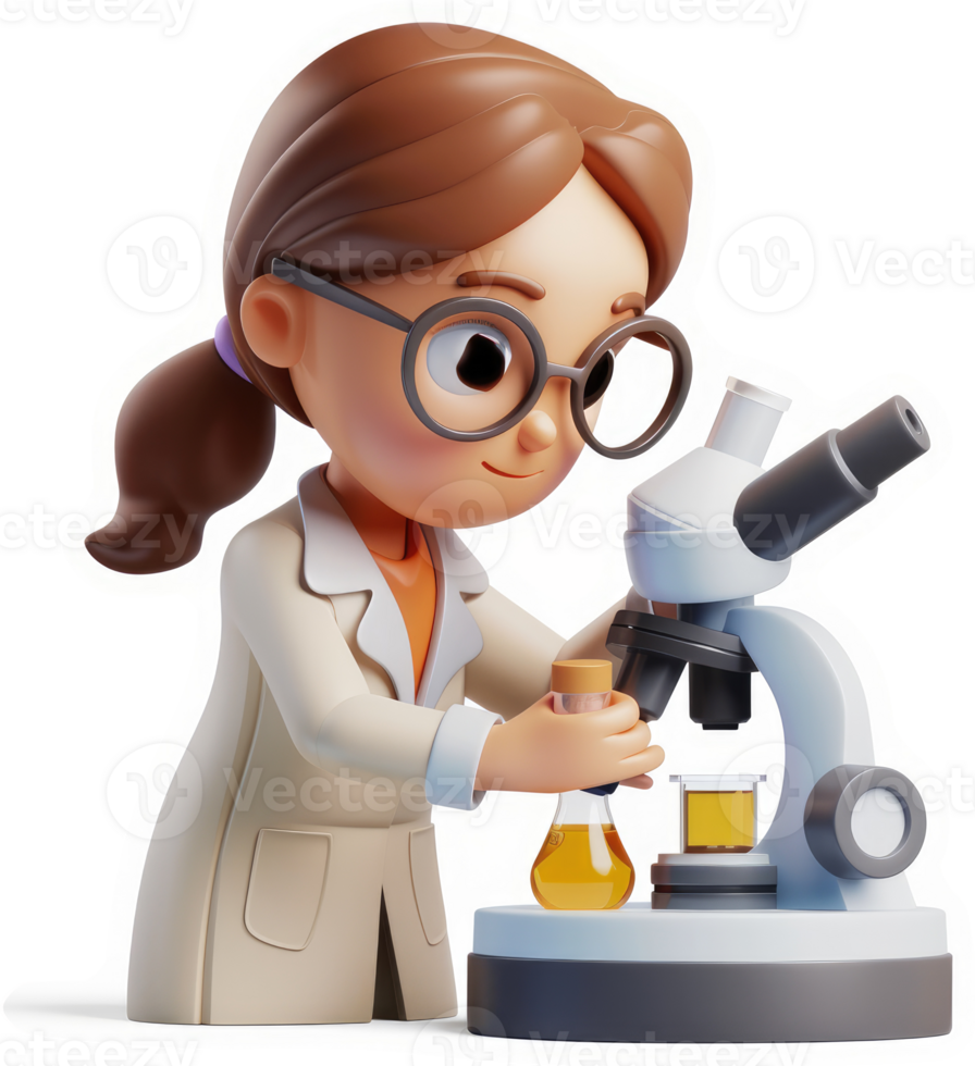 Cartoon female scientist examines a specimen under a microscope. png