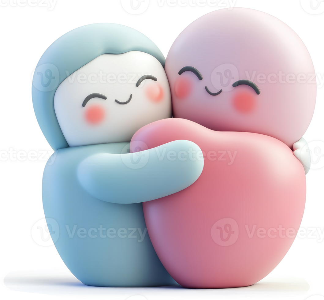 Two adorable, pastel-colored figures embrace a heart. png