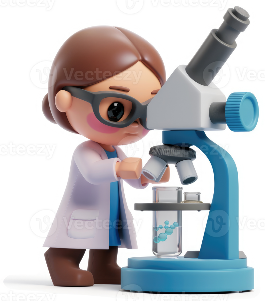 Female scientist examines specimen with a microscope. png