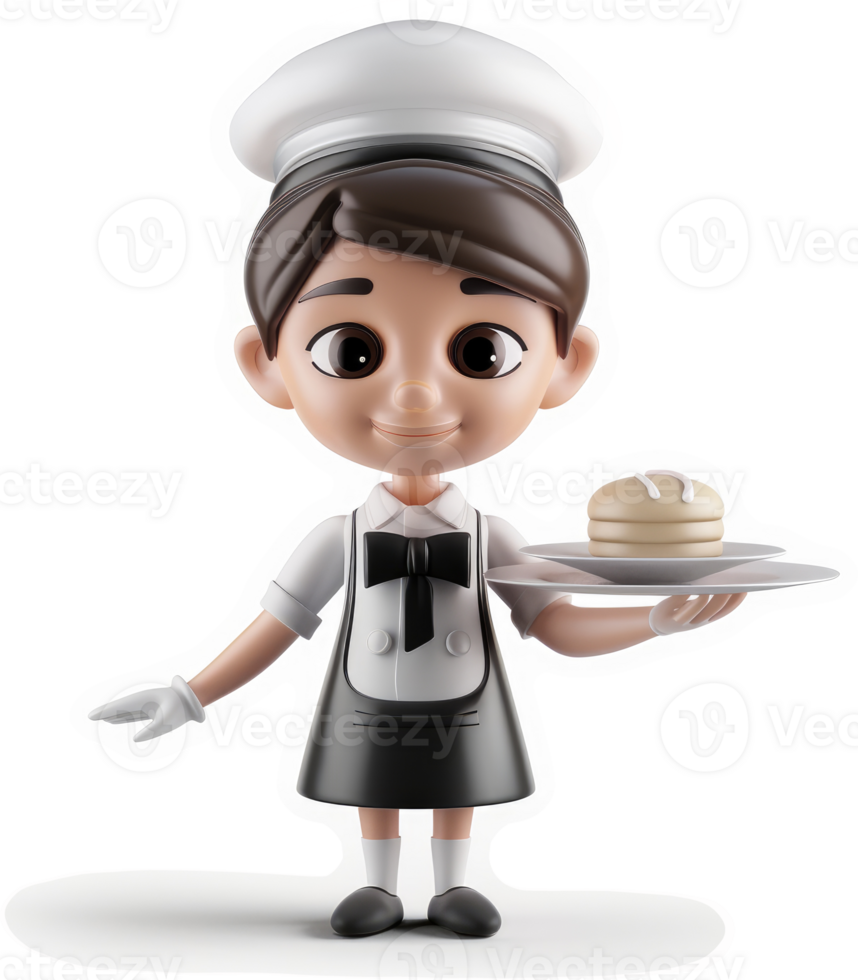Smiling pastry chef character holding a tray of baked goods. png