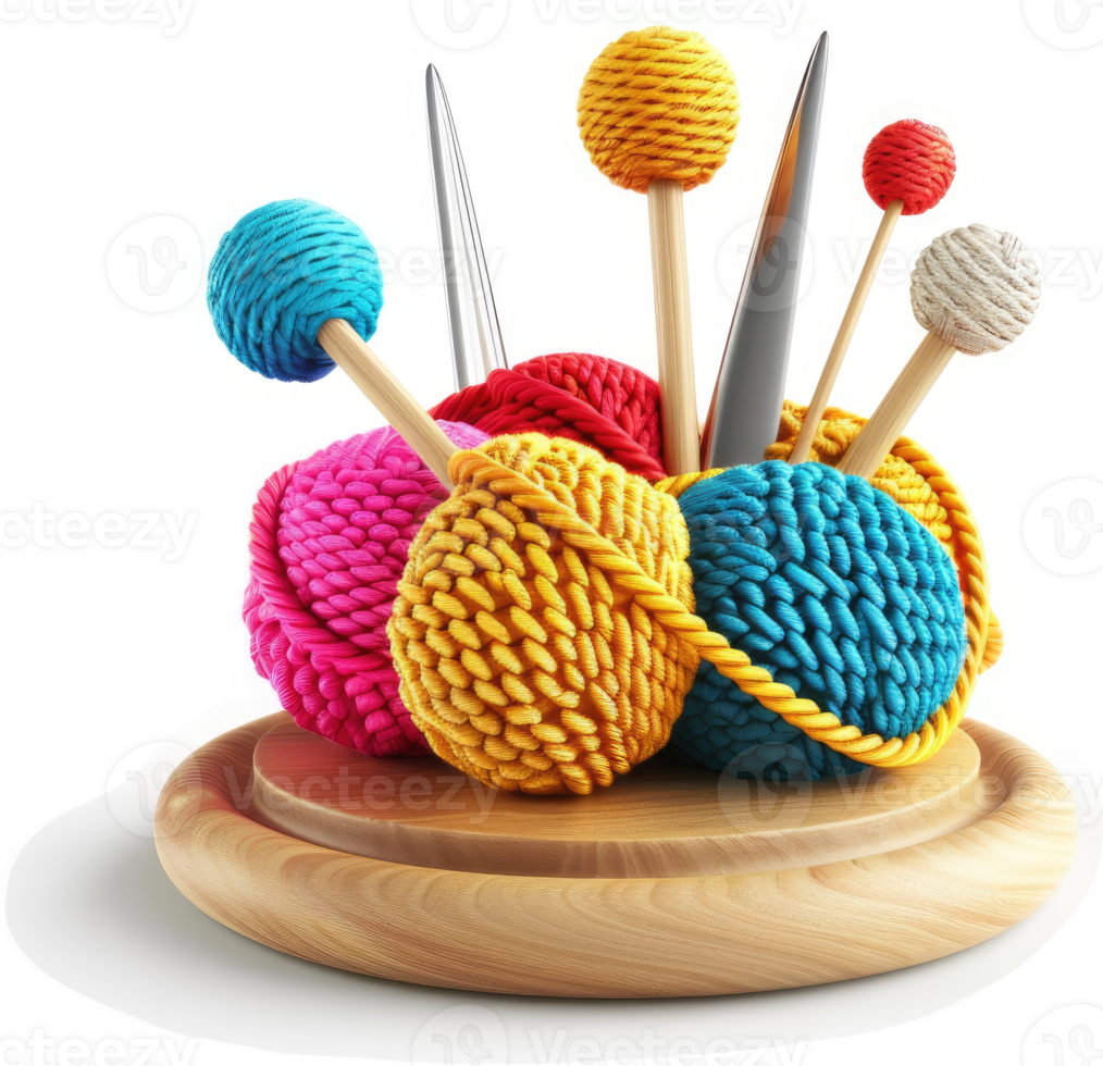 Colorful yarn balls and needles arranged on a wooden base. png