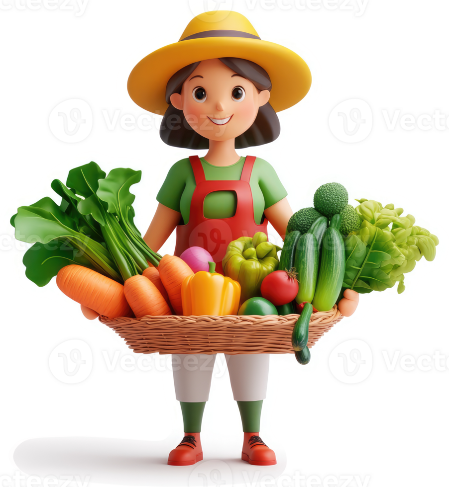 Cartoon farmer holds a basket full of fresh vegetables. png