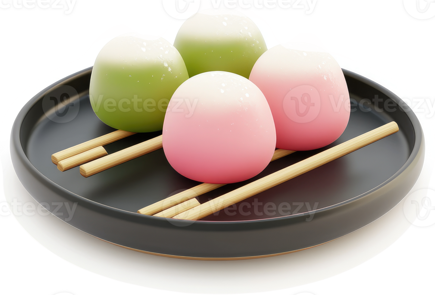 Colorful japanese mochi treats arranged on a dark plate. png