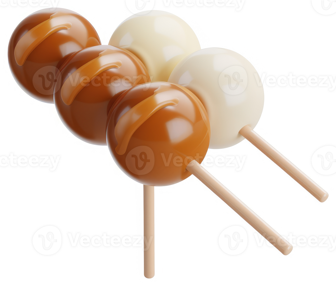 Caramel and white chocolate mochi balls on skewers. png