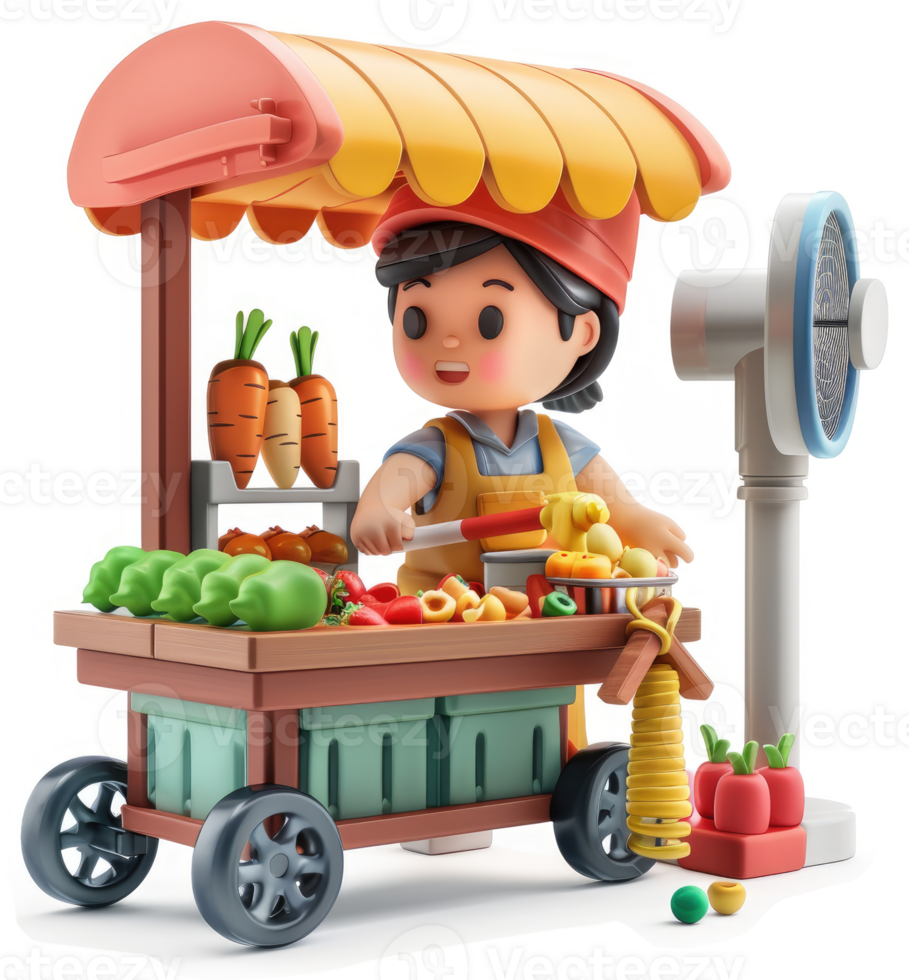 Smiling vendor displays assorted fresh produce and food on a street cart. png