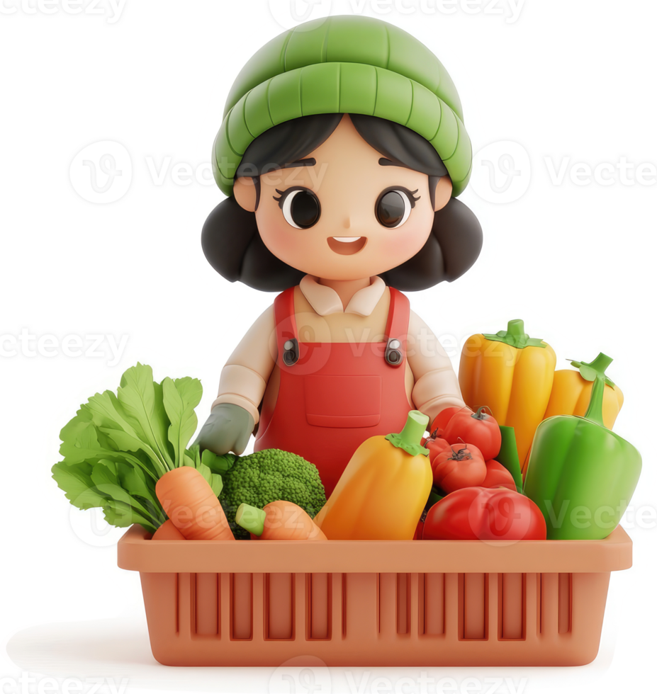 Cheerful cartoon girl displays fresh produce in a basket. png