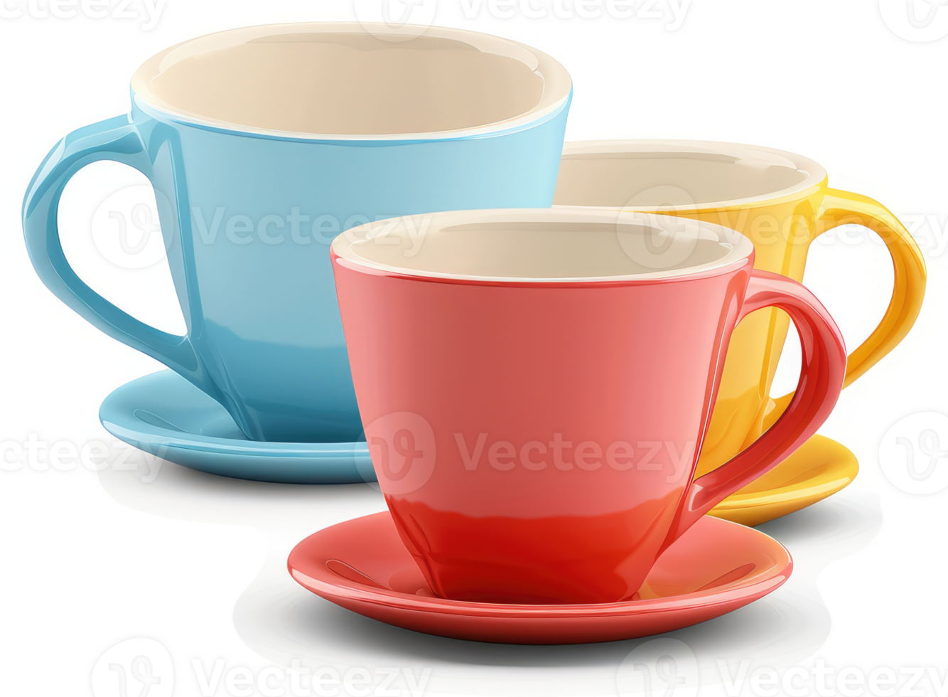 Three colorful ceramic coffee cups and saucers. png