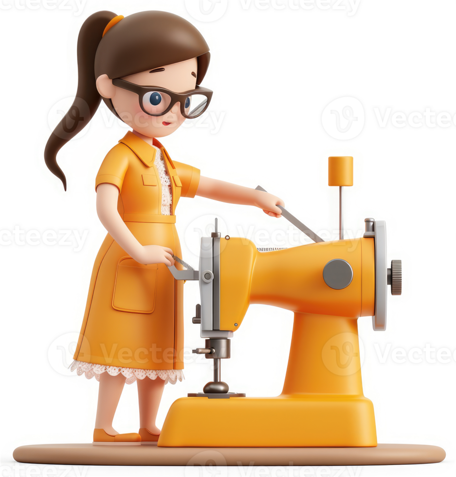 Cartoon female tailor operating a sewing machine. png