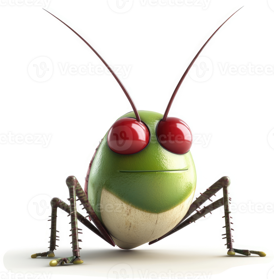 A cartoonish grasshopper with bright eyes. png