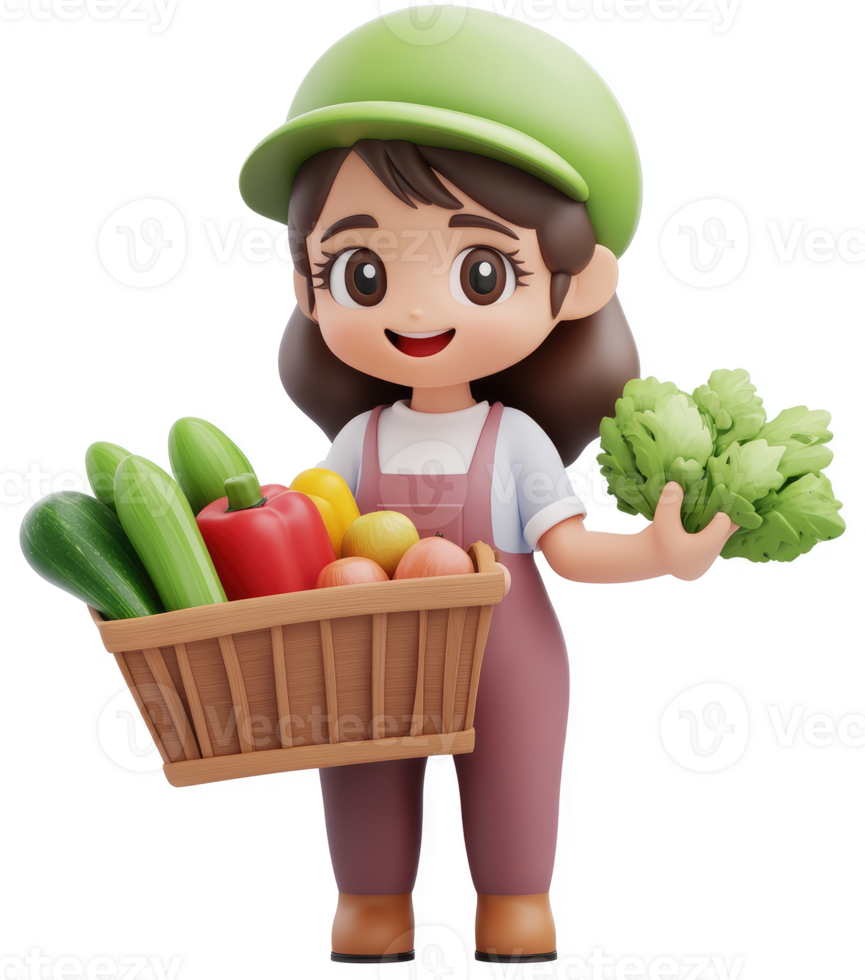 Smiling girl farmer holds a basket of fresh produce. png