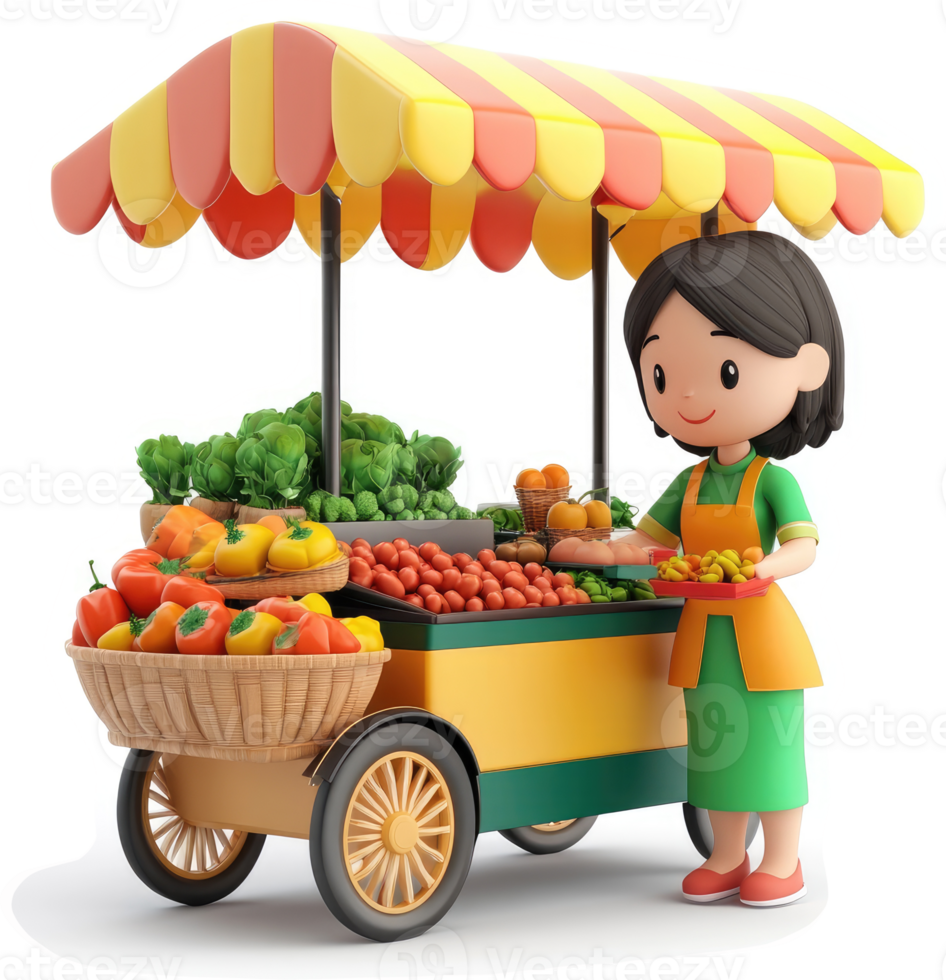 Smiling vendor displays colorful produce at a market cart. png