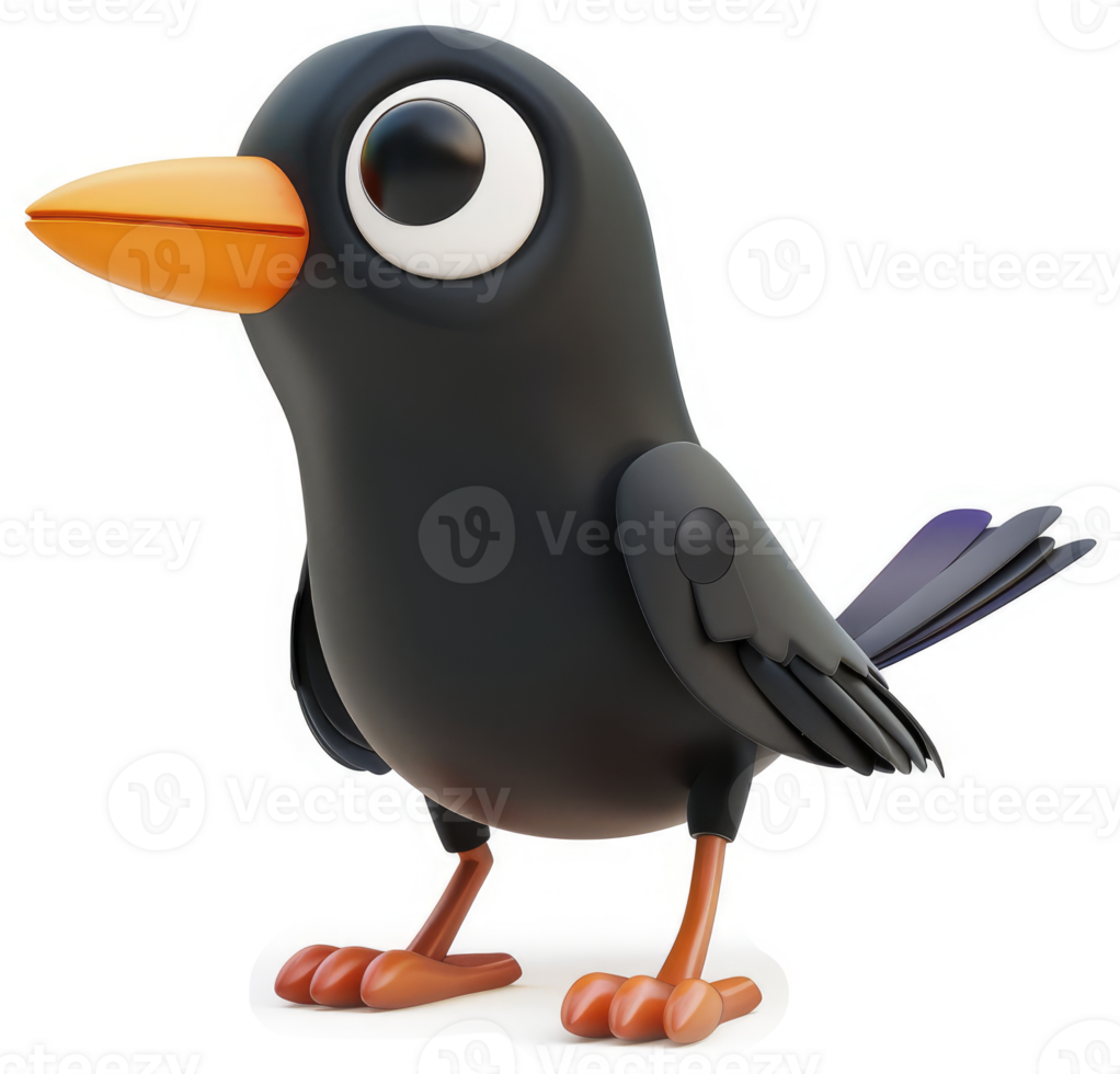 Cartoonish, black bird with large eyes, posed for display. png