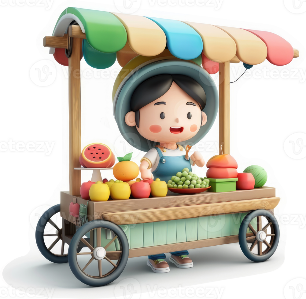 Smiling child operates a colorful fruit cart. png