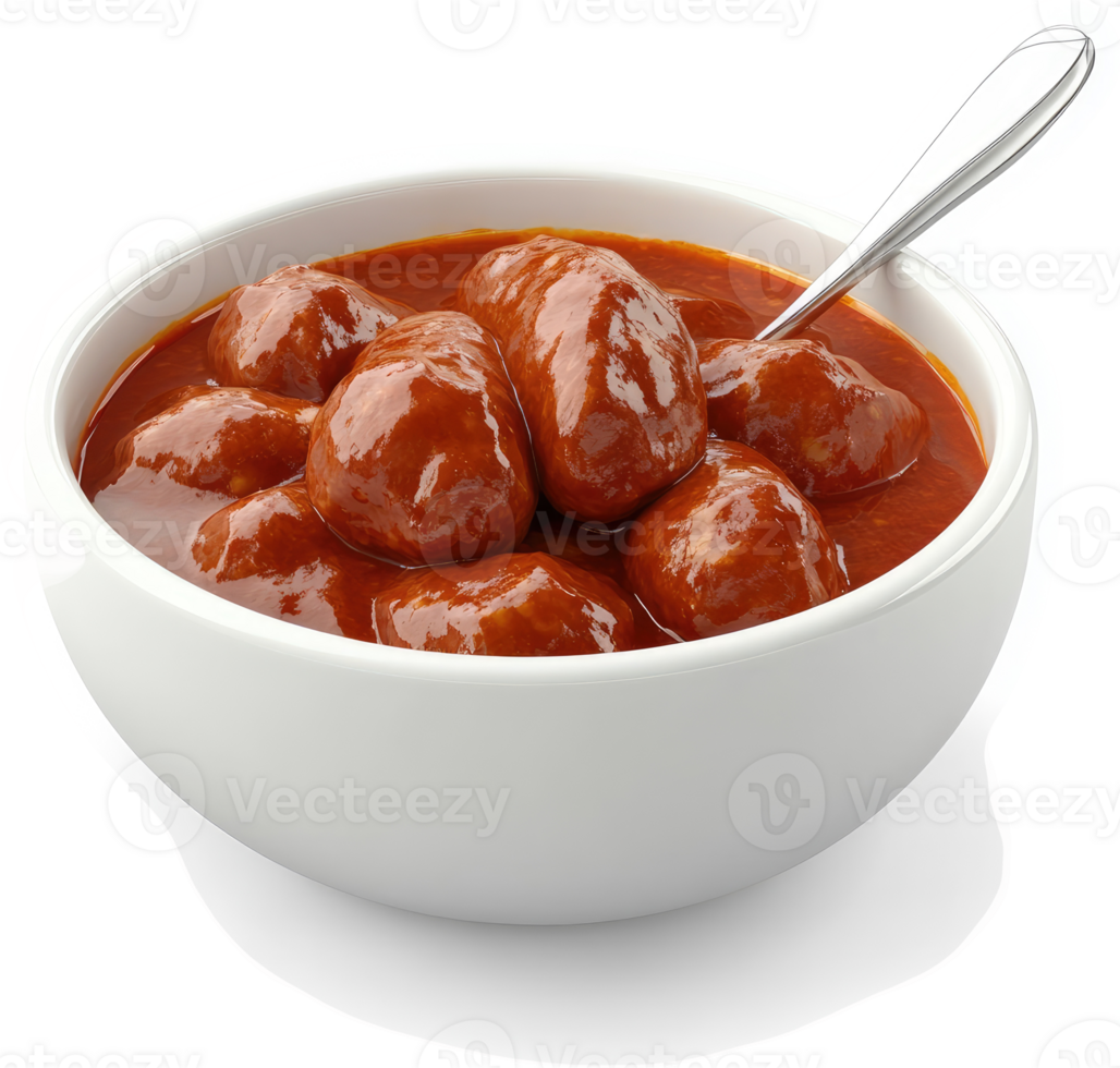 Spicy meatball dish in a white bowl. png