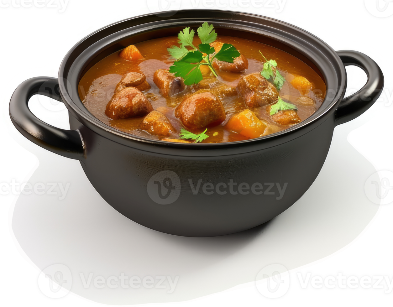 Hearty beef stew simmering in a dark pot. png