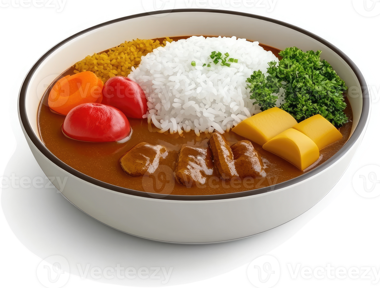 A hearty bowl of curry with rice and vegetables. png