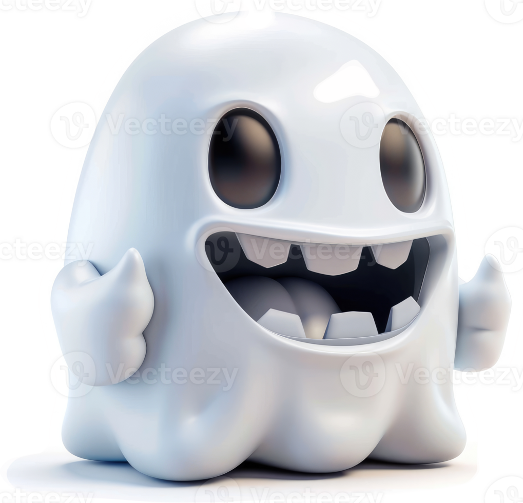 Cheerful, cartoon ghost character with wide smile. png