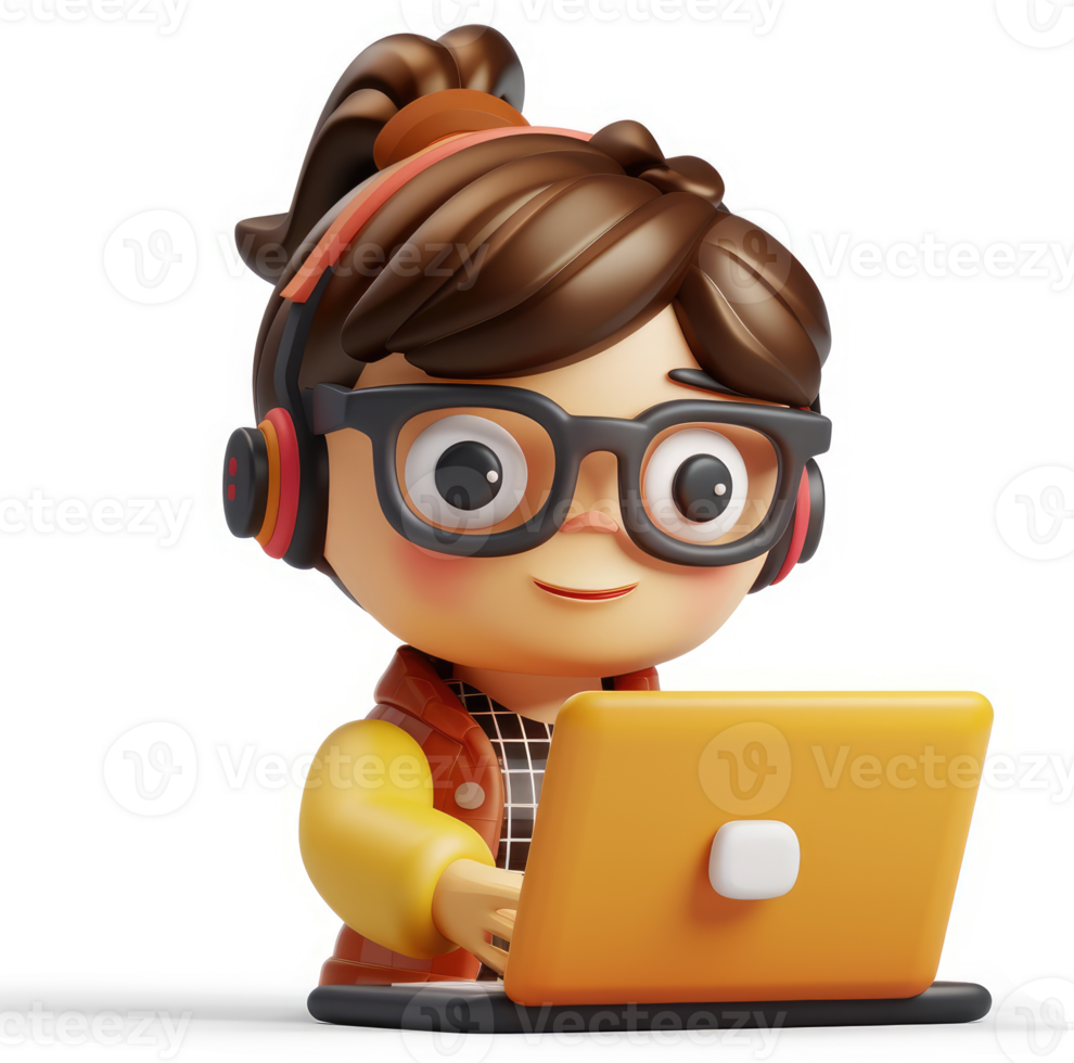 Smiling girl in headphones working on a laptop. png