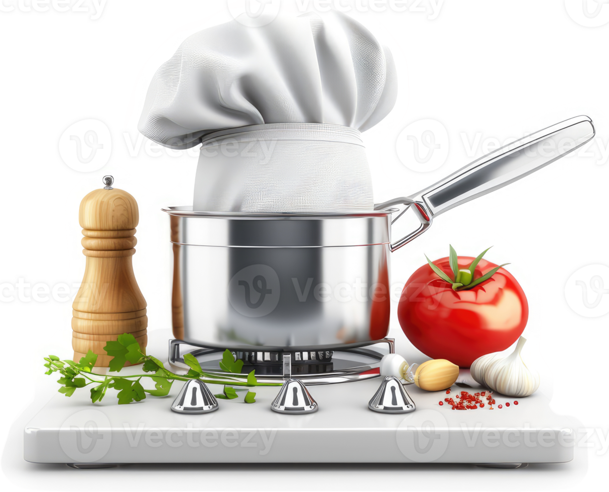 Culinary scene with chef's hat, pot, and vegetables. png