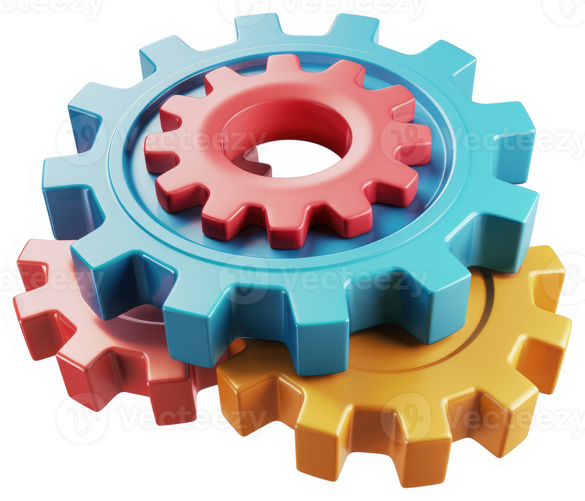 Interlocking gears of vibrant colors symbolize interconnected processes. png