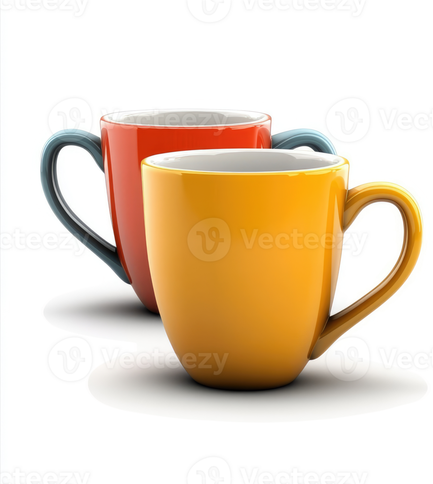 Two colorful ceramic mugs, side-by-side, ready for drinks. png