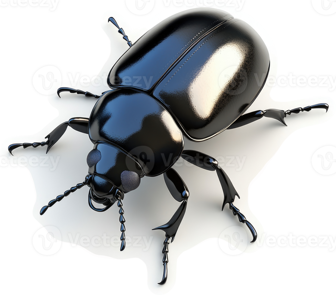 Polished black beetle with intricate details. png