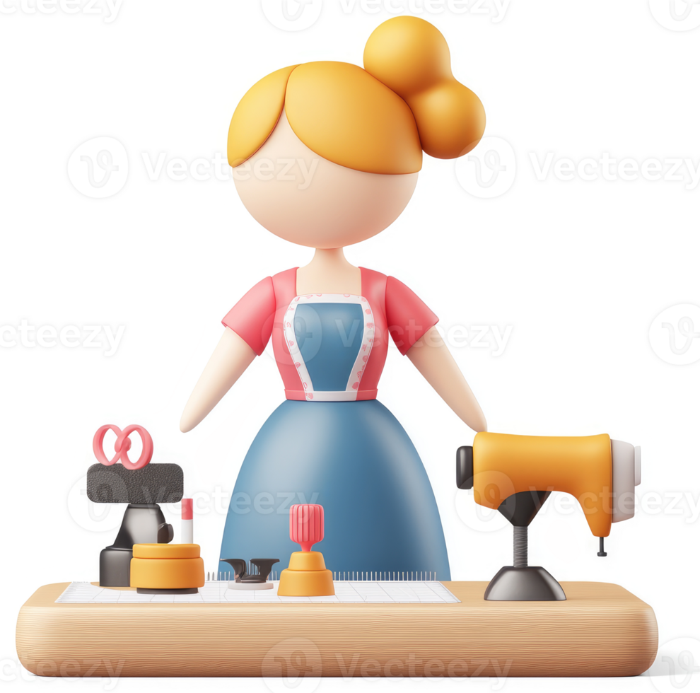 3D illustration of a female tailor with crafting supplies. png