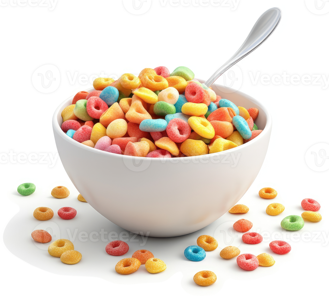 Colorful cereal in a white bowl with a spoon. png